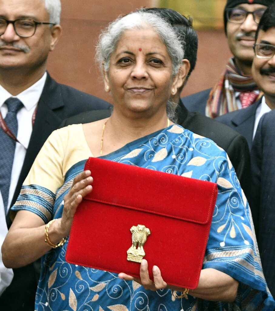 Union Finance Minister Nirmala Sitharaman poses for photographs before presenting the Interim Budget 2024 in New Delhi on February 1, 2024.